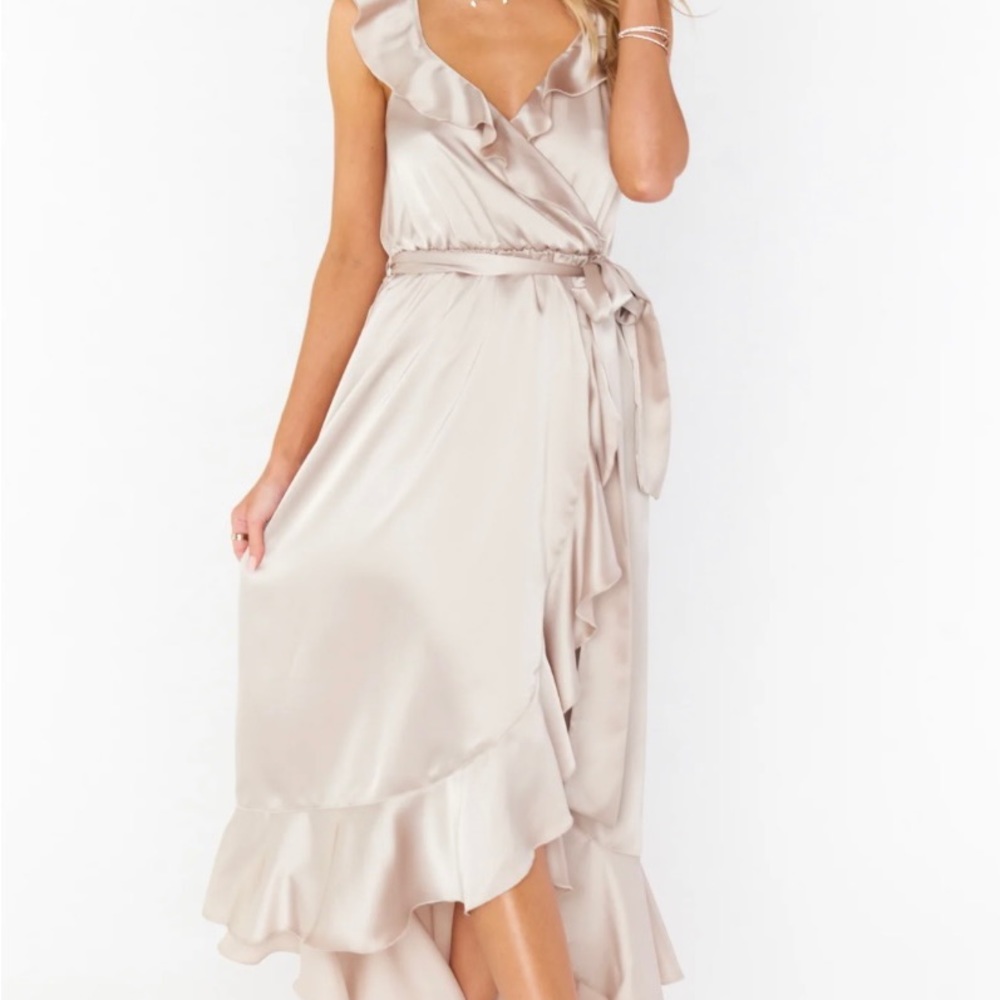 Show Me Your MuMu Samantha Ruffle Wrap Dress in Champagne Satin - Size 4